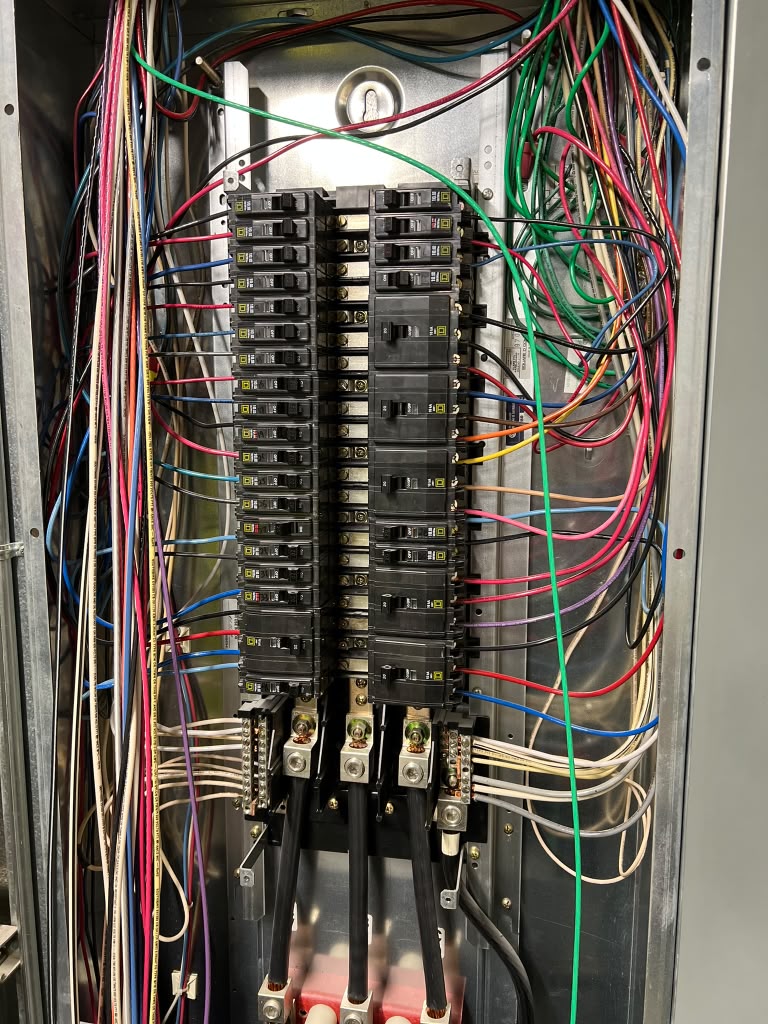 Commercial breaker panel with organized color-coded wiring