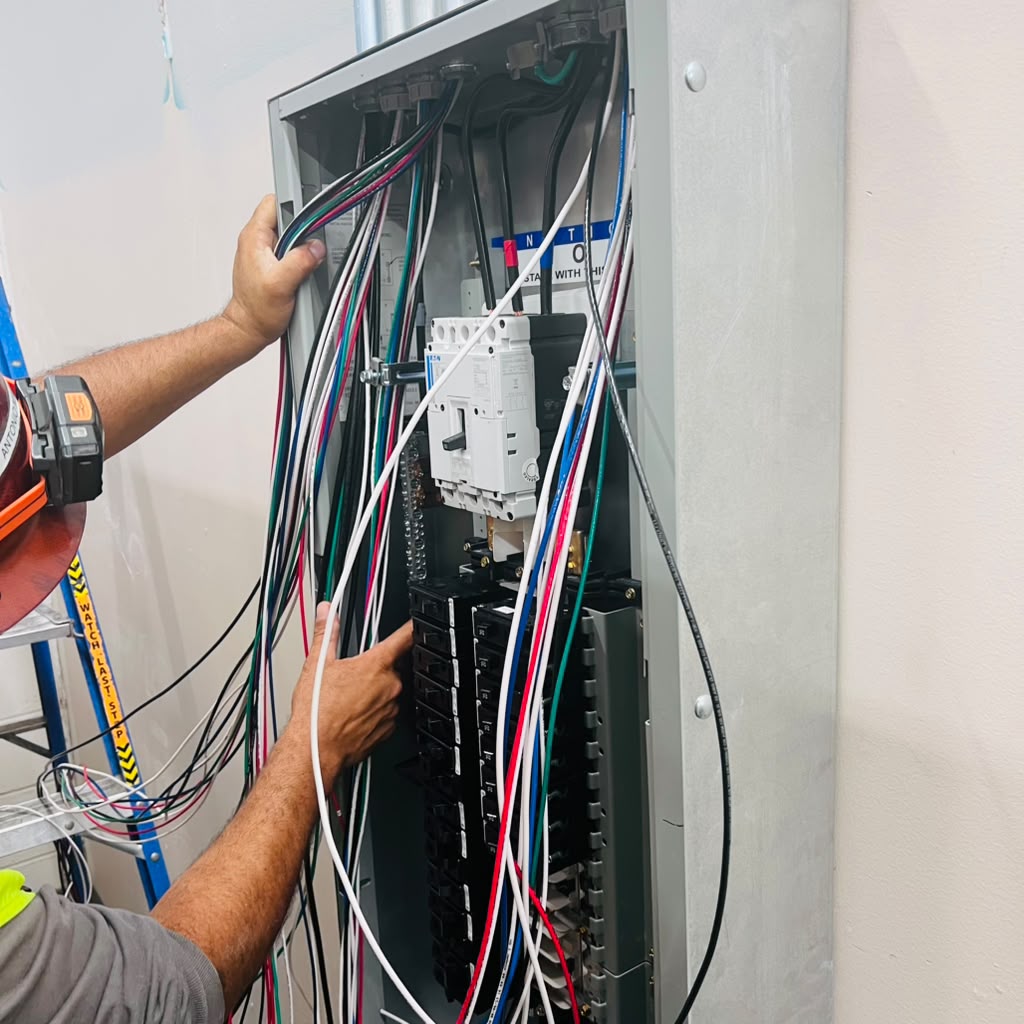 Electrician wiring a large electrical panel